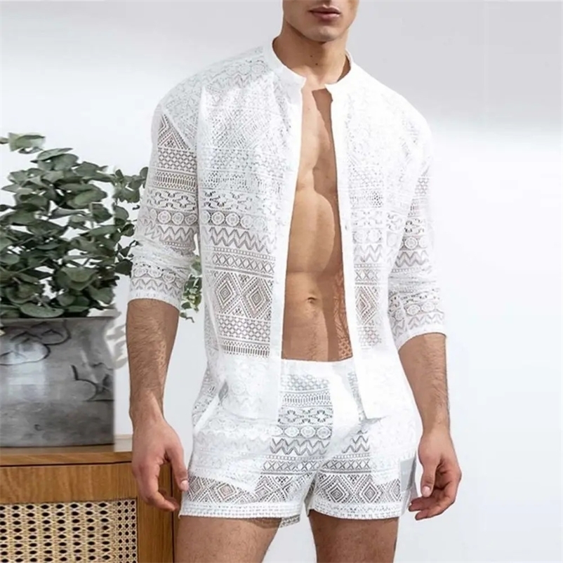 Mens Fashion Set Summer Hollow Out Sexy Lace Shorts Pattern Print Shirt Two Piece Suits Trendy Elegant Beach Clothes Outfits 240529
