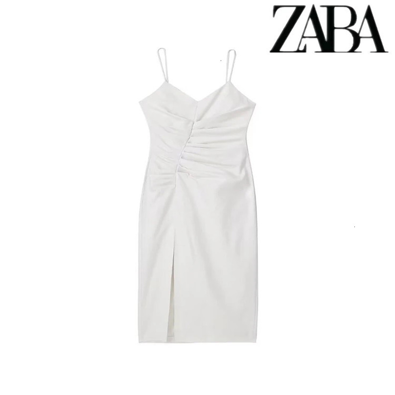 TRAF Womens Slim Elegant Pleated Embellished Midi Dress Sexy VNeck Sleeveless Backless Split Halter Summer Party Street 240615