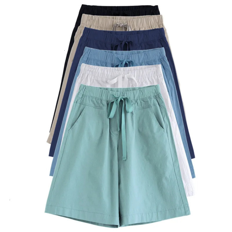 Summer Shorts Women Casual Drawstring Elastic Knee Length Bermuda Short Cotton High Waist Wide Leg Large Plus Size 8XL 240529