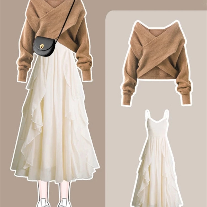 Xgoth Oversize Womens Autumn Suit Female Grunge Style Loose Knitted Sweater Suspender Dress Two-piece Elegant Sets 240829
