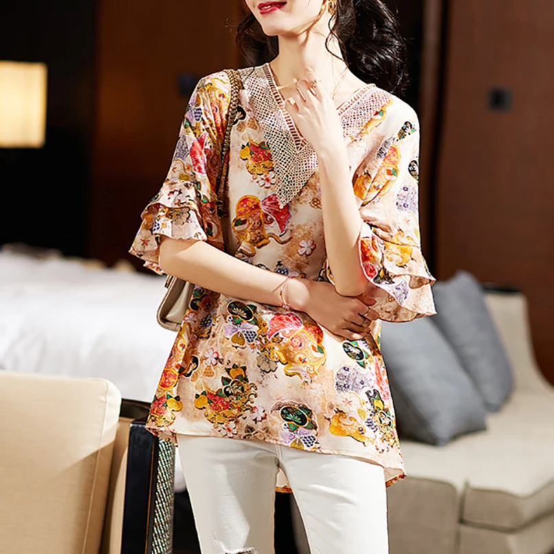 Womens HalfSleeved Chiffon Blouse Floral Large Size Loose VNeck Breathable Women Blouses Summer Fashion 240226