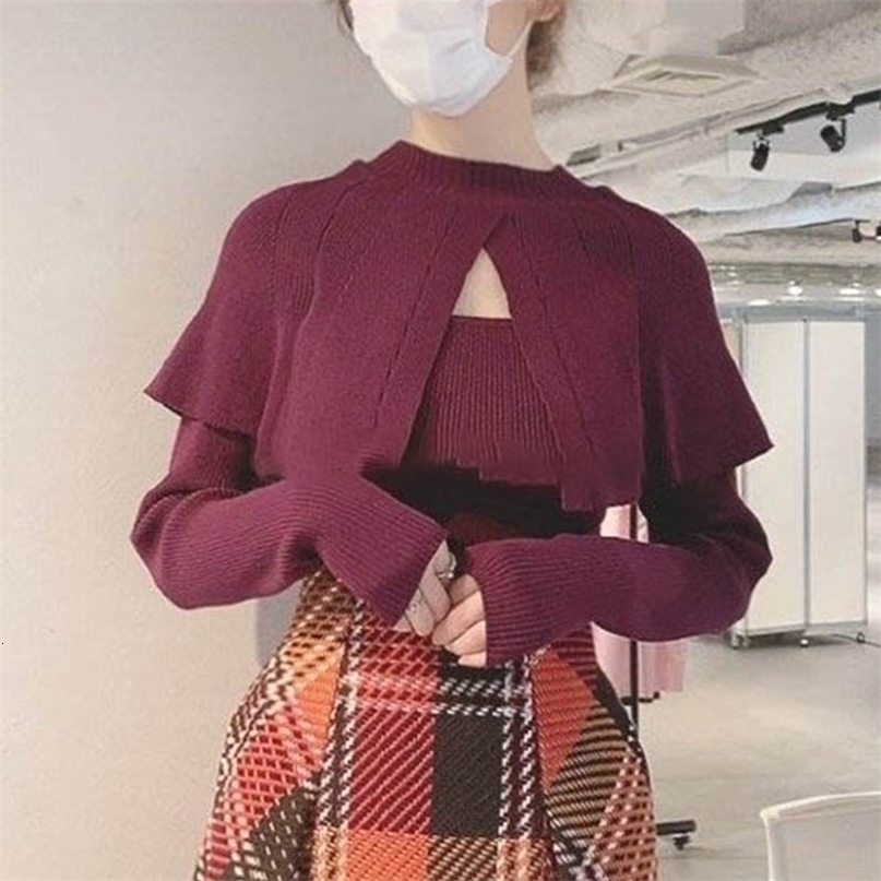 Womens Sweaters Kuzuwata Lapel Ruffled Shawl Patchwork Long Sleeve Slim Pull Femme Autumn Winter Sweaters JAPAN Sweet Simple Jumpers 220923