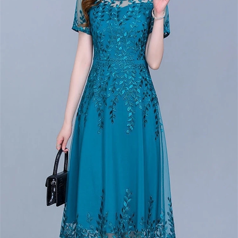 Blue Casual Chiffon Mesh Korean Long Dress Summer Women Tunics Midi Fashion Elegant Prom Evening Dresses Short Sleeve 240407