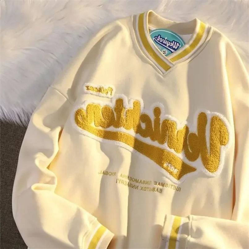 American Streetwear Women Preppy Style V Neck Loose Tops Letter Embroidery Print Pullovers Hoodies Sudadera Vintage Sweatshirt 240801
