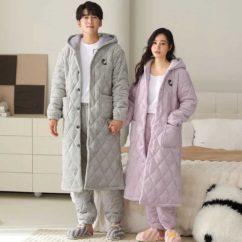 Big Size M4XL 2 Pieces Set Couple Hooded RobePant Winter 3 Layer Clip Cotton Robe Thick Warm Men and Women Pijamas Z250924