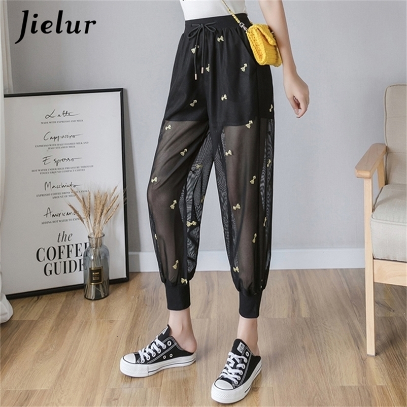 Women's Pants Capris Jielur Ice Silk Pants Female Embroidery Harem Pants Women Thin Loose Mesh Casual Sunscreen Black Pantalon Femme S-XXL 2209