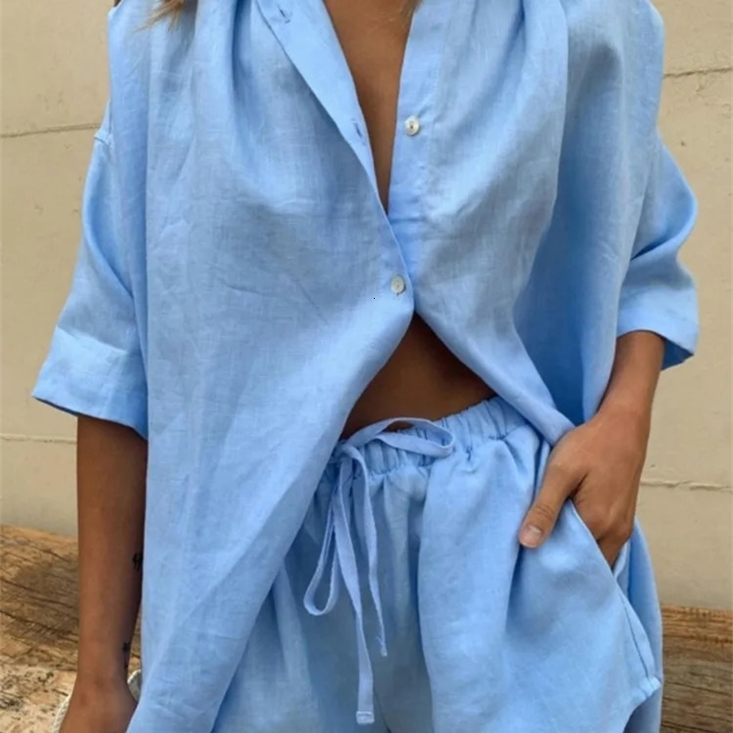 Casual pure cotton solid color set womens short sleeved loose shirt wide leg shorts two-piece set womens set summer set 250317
