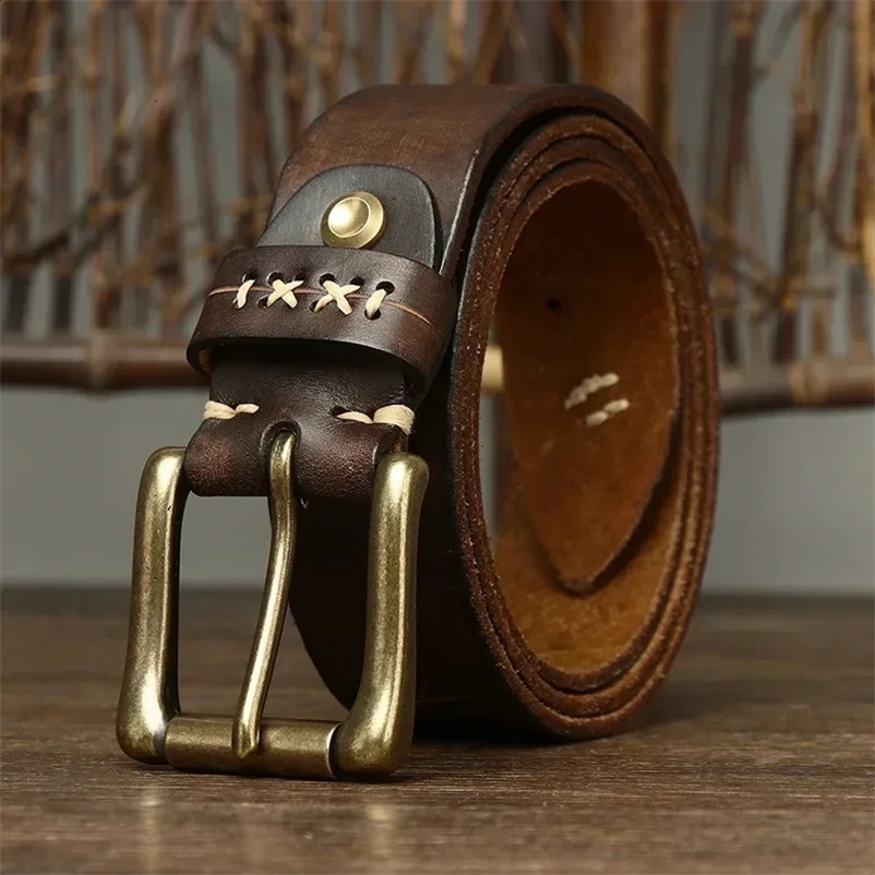 3.8CM mens high-quality genuine leather belt luxury designer brass pin buckle belt pure denim retro shoulder strap mens jeans241015bj