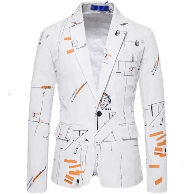 Mens Blazer Digital Print Single Breasted Male Blazer Casual Fashion Slim Fit Suit Jacket Black White Coat Dress Stage Party 240318