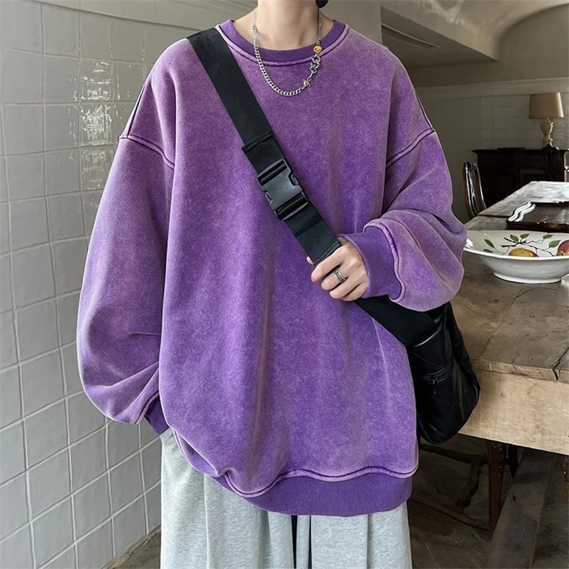 Privathinker American Washed Old Pullovers Sweatshirts Men Loose Solid Color Autumn Warm O Neck Tops Hip Hop Y2k Sweatshirt 240105