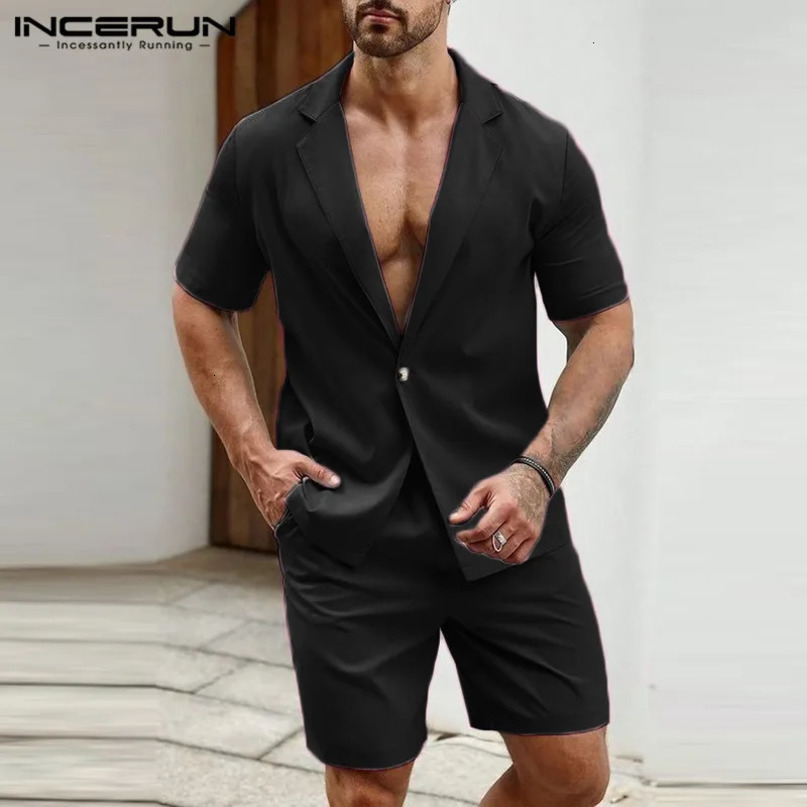 Men Sets Solid Color Lapel Short Sleeve Blazer Shorts 2PCS Summer Streetwear Fashion Mens Casual Suits S5XL INCERUN 240531