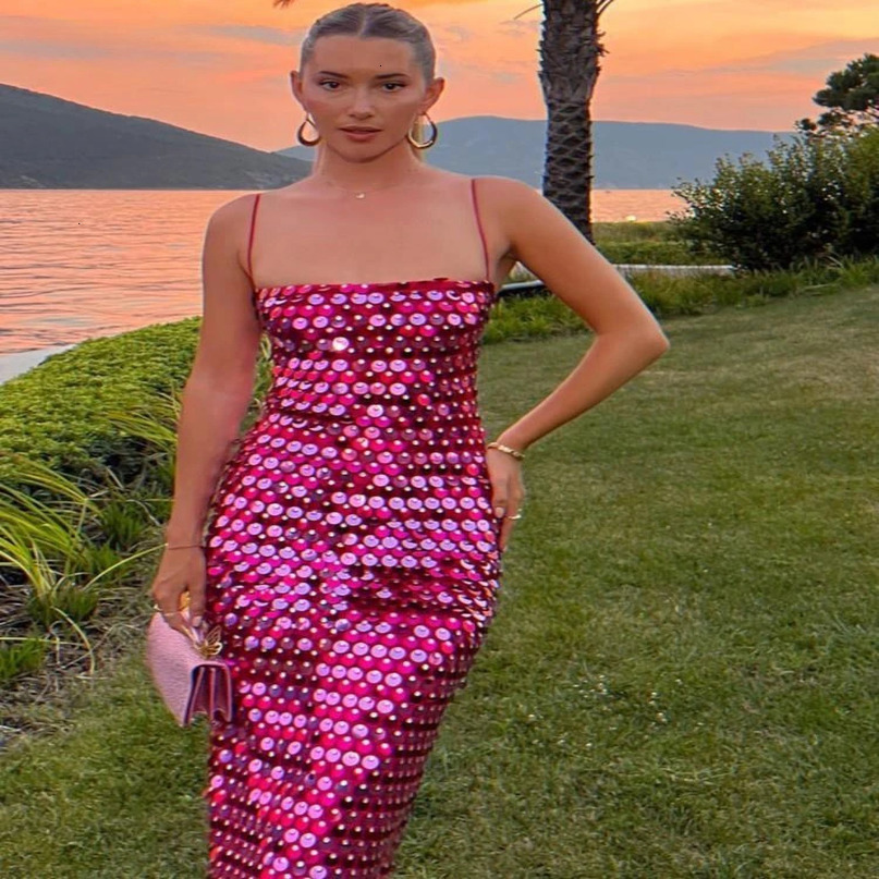DAENERYS RES Sparkling Sexy Slim Sequin Dress For Women Elegant Solid Backless Spaghetti Strap Party Chic Lady Long 240615