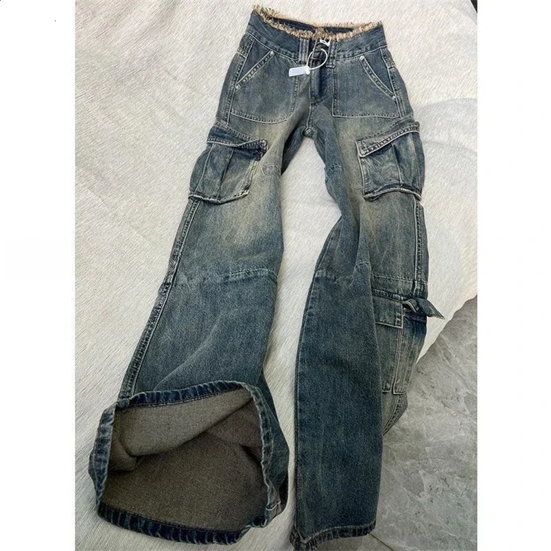 Jeans cargo a gamba multi tascabile femminile Cool girl Street unisex pantaloni al fondo alla moda pantaloni dritti in vita alta 250224 250224