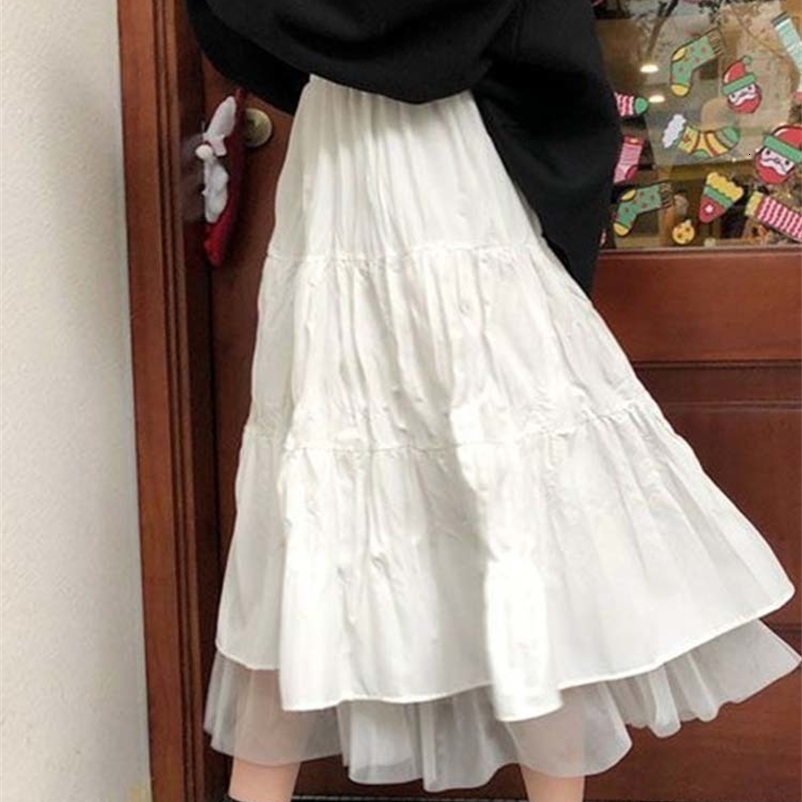 Casual Dresses Long Tulle Midi Skirts Womens Autumn Elastic High Waist Mesh Tutu Pleated Skirts Female Black White Long Skirt Streetwear 230222