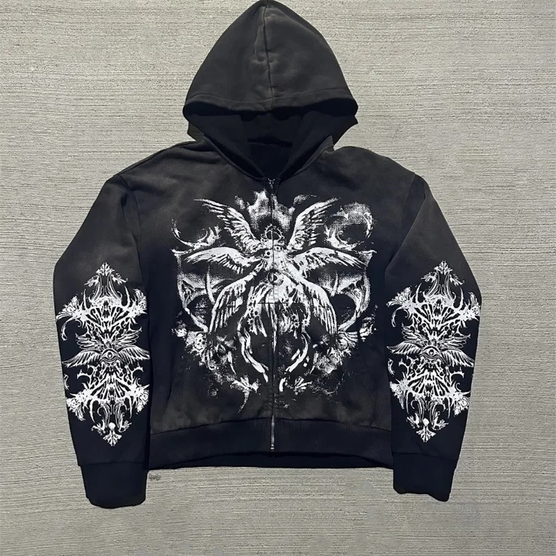 American Devil Card Communication Printing Super Large Hoodie Mens Y2K Street Clothing Retro Loose Casual Zipper Sweatshirt Womens 241203