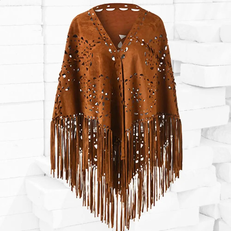 In Solid Color Hollow Out Floral Suede Tassel Triangle Shawl Women Vintage Bohemian Beach Cardigan Boho Fringe Ponchos 250108