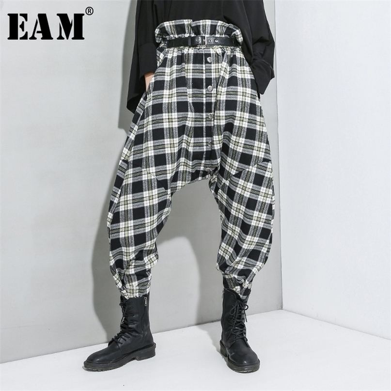 EAM High Elastic Waist Black Plaid Stitch Long Harem Trousers New Loose Fit Pant Fashion Spring Autumn 1R940 201012