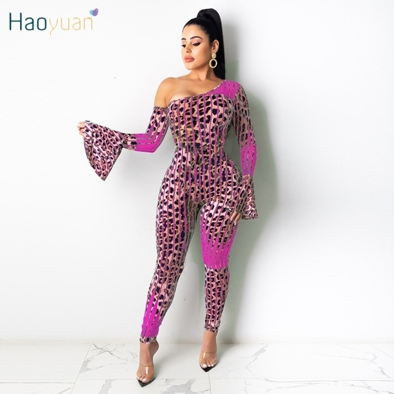 HAOYUAN Sexy Leopard Print Bodycon Jumpsuits One Shoulder Flare Sleeve Fall Clothing for Women Tracksuit One Piece Club Outfits 201007