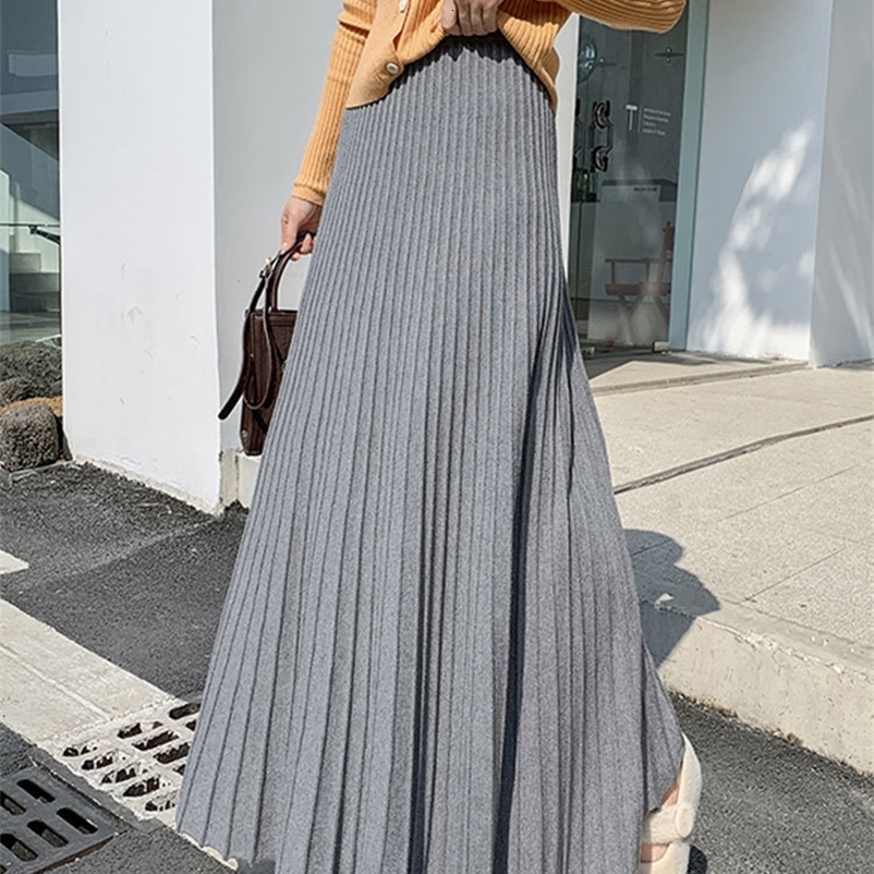 Casual Dresses TIGENA Maxi Knitted Skirt Women Autumn Winter Casual Solid All-match Thick Warm A Line High Waist Long Skirt Female Ladies 230222