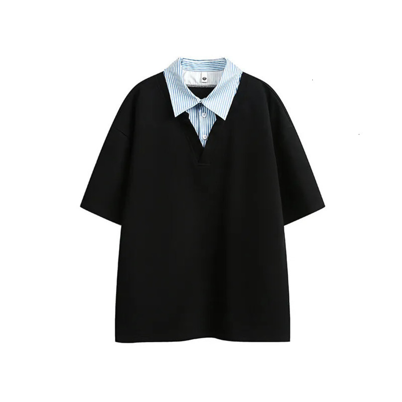 summer short sleeved holiday twopiece contrasting color Tshirt casual patchwork striped loose mens polo shirt 250312
