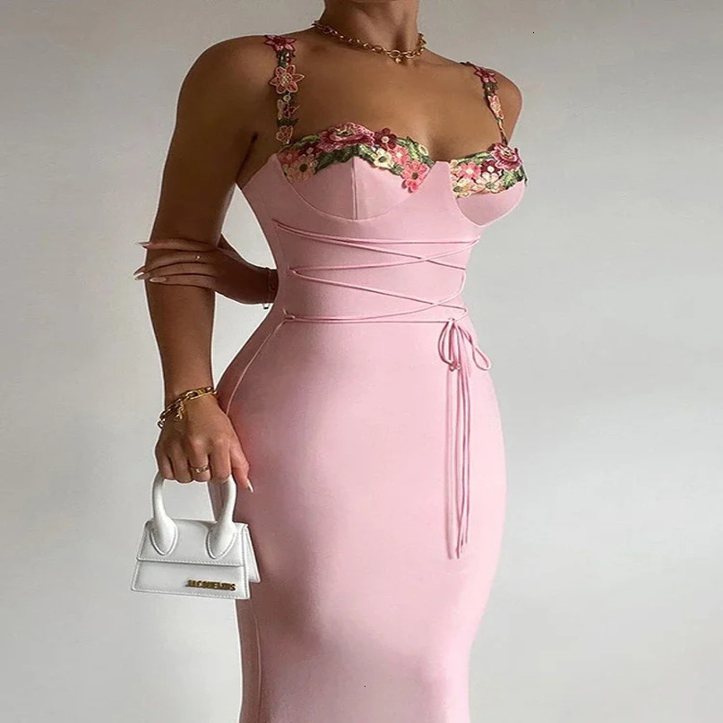 Autumn Winter Sexy Sleeveless Backless Floral Maxi Long Dresses Outfits for Women Lace Up Bandage Bodycon Party Club Dress Gift 240615
