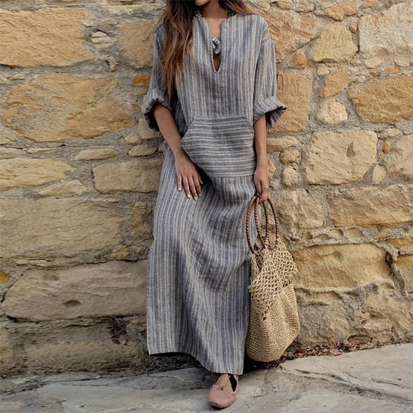 Womens Cotton Linen Dress Big size 5XL large size Kaftan Long Sleeve Summer Striped Women Large Size Long Maxi Boho Dresses 240808