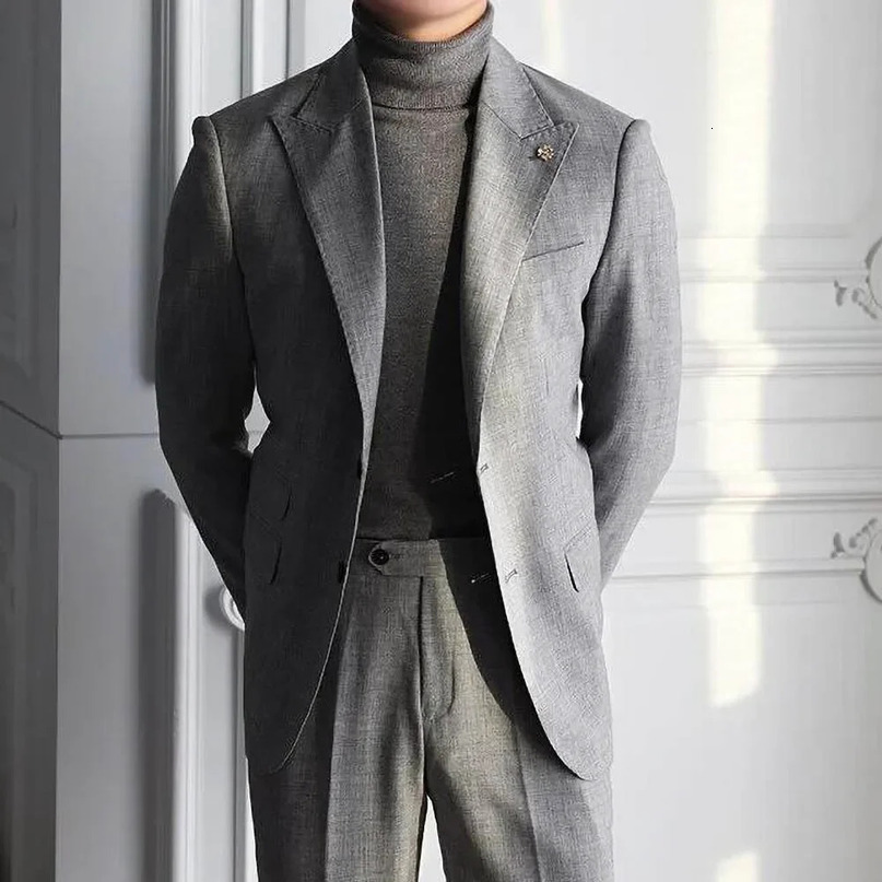 Highend Solid Men Suits Gray Fashion Lapel Single Breasted Blazer Set Smart Casual Wedding Tuxedo Male Suit Slim 2 Piece 240412