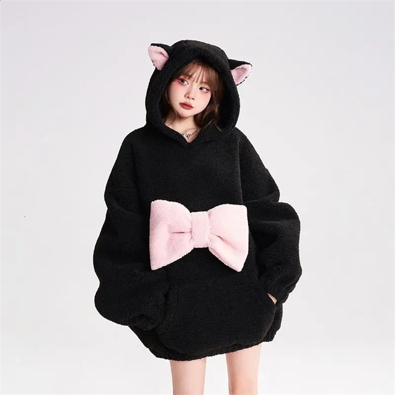 Kawaii Clothes Korean Style Hooded Sweatshirt Women Autumn and Winter Loose and Cute Oversized Bow Y2k Top Black Hoodie 240801