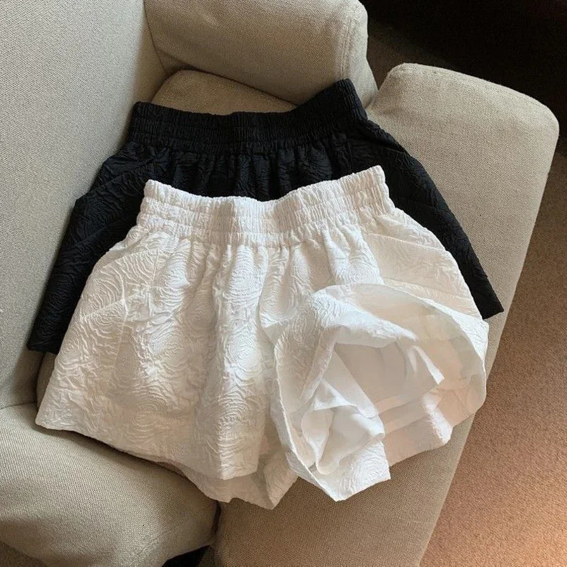 Fashion Black White Shorts Women Summer Elastic High Waist Pockets Wide Leg Woman Elegant Slim Fit Streetwear 240529