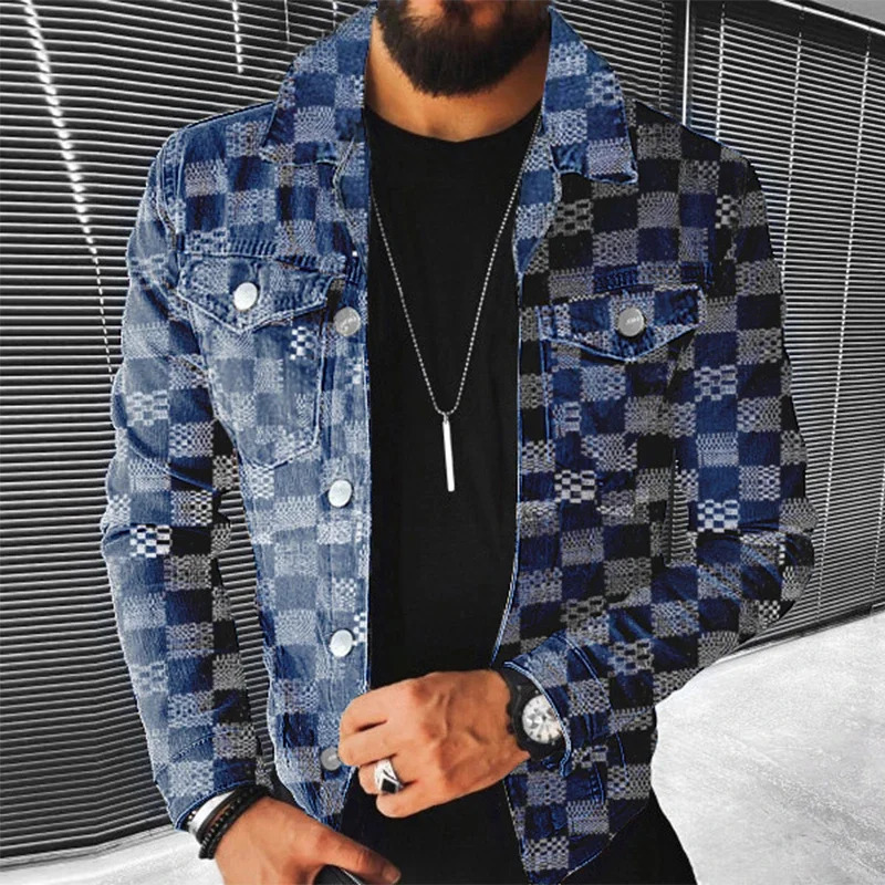 Hip Hop Mens Denim Jacket Streetwear Fashion Plaid Jean Coats For Men Autumn Winter Casual Long Sleeve Slim Outerwear Mens Coat 250917Z