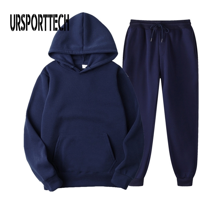 URSPORTTECH Solid Color Tracksuit Men Set Autumn Casual Men's Hoodies + Pants Two-Piece Tracksuit Trendy Sportswear Set Male 211109
