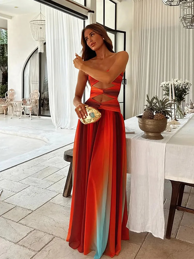 Sexy Hollow Out Maxi Vestido Women Chic Sleeveless Off Shoulder Backless High Waist Slim Dress Summer Beach Party Lady Wear 250804