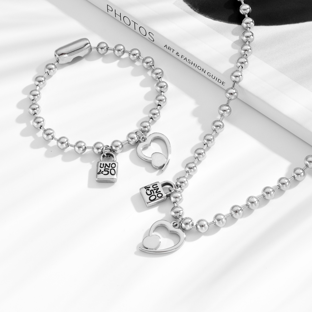 Fashion Women Men Silver Gold Stainless Steel Uno de50 Lock Key Retro Letter Oil 6mm Bead Span Pendant Necklace Bracelet Sets Jewelry-image-1076626850