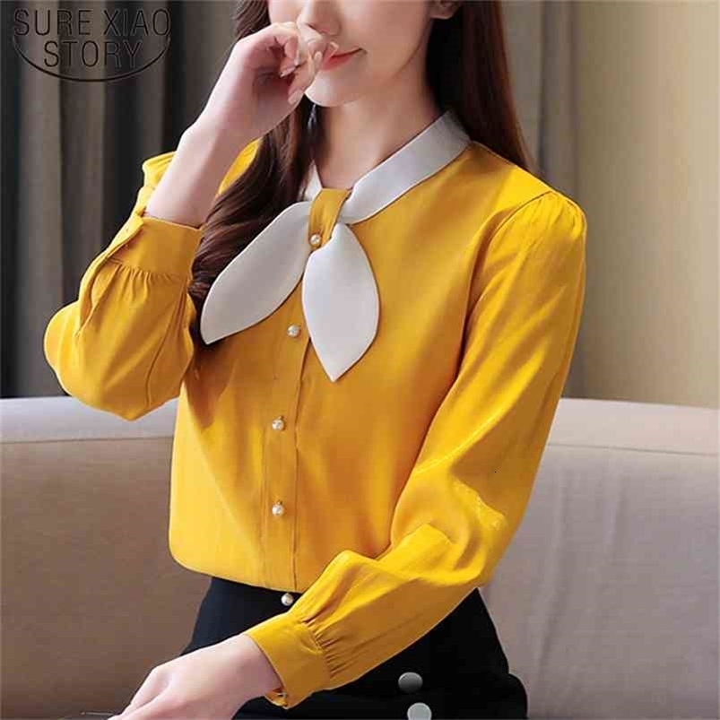 Solid Stand Tops Office Lady Busas Elegantes High Quality Blouses Women Spring Fashion Long Sleeve Chiffon Blouse 8271 50 210506