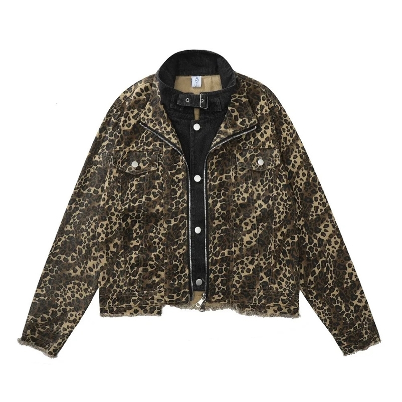Oversize Frayed Tassels Leopard Denim Jackets Jean Coats for Men Women Zip Up Loose Mens Motorcycle Spring Outwear Streewear Y2k 240408