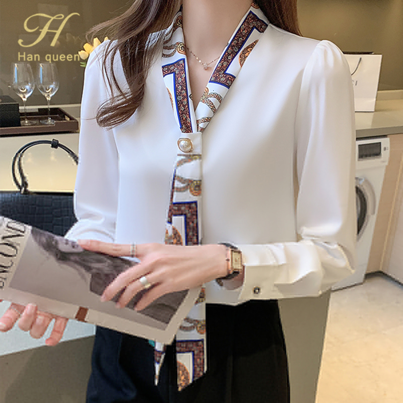 Women's Blouses Shirts H Han Queen Spring Chiffon Simple Office Lady Blouse Female Shirt Bow Tops Long Sleeve Casual Korean OL Loose Blouses Wo