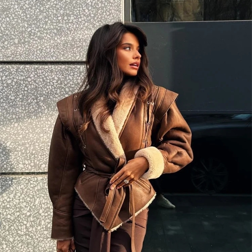 Fashion Warm Furry Leather Woman Jacket With Belt Chic Lapel Long Sleeve Motorcycle Coat Lady Winter High Street Outerwear 240930