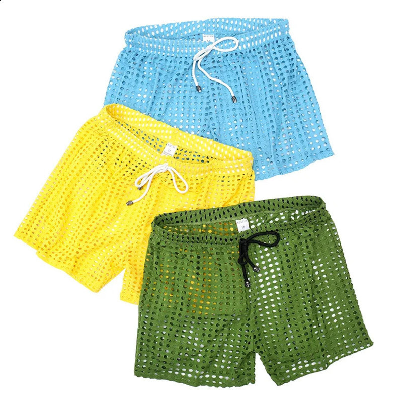 Men Fishnet Casual Shorts Mesh Hollow Out See Through Swimwear Loose Trunks Boxer Swimsuit Summer Quickdrying Beachwear 240407