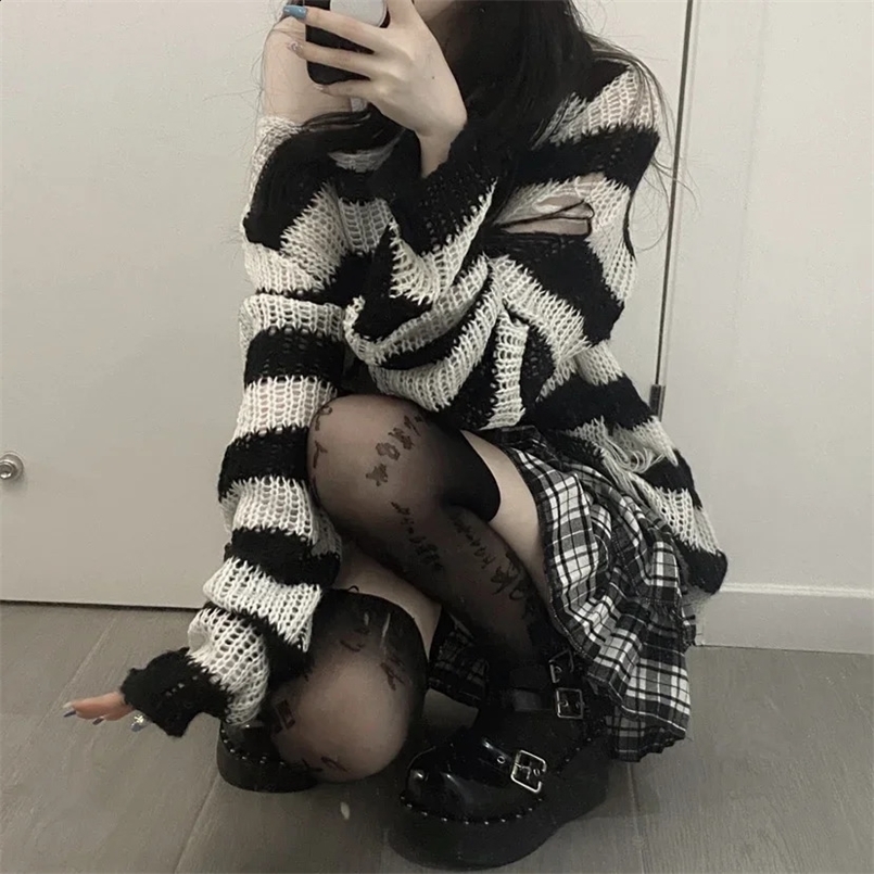 90s Punk Gothic Long Sweater Women Dark Aesthetic Striped Pullovers Hollow Out Oversized Grunge Jumpers Emo Alt Clothes Y2k 240927