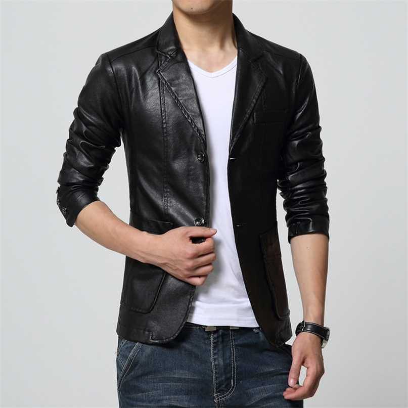 Fashion Men's Casual Boutique Suit Leather Jacket / Male Solid Color Business Collar PU Blazers Long Sleeve Dress Coat 211222