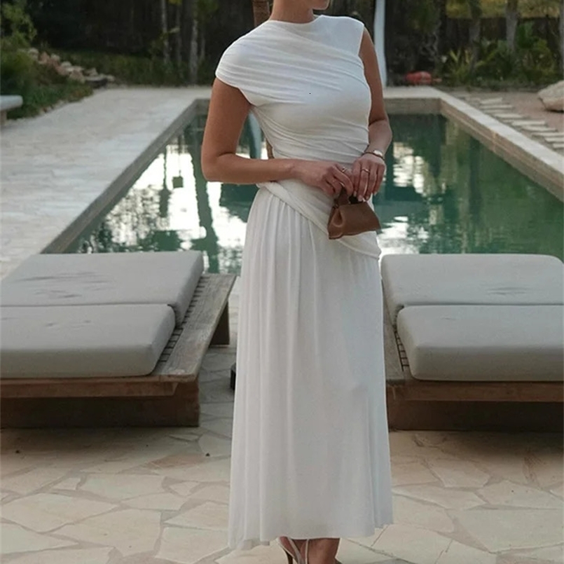 Elegant Solid Pleated Irregular Midi Dress For Women Fashion Round Neck Sleeveless Bodycon White Dresses Female Chic Street Robe 240802