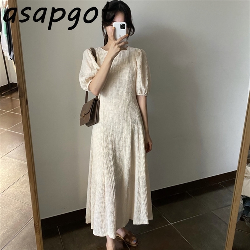 Temperament Elegant Chic Korean Solid Retro O Neck Lantern Short Sleeve Pleated Dress Women Long Loose Vestido Feminino Fashion 210429
