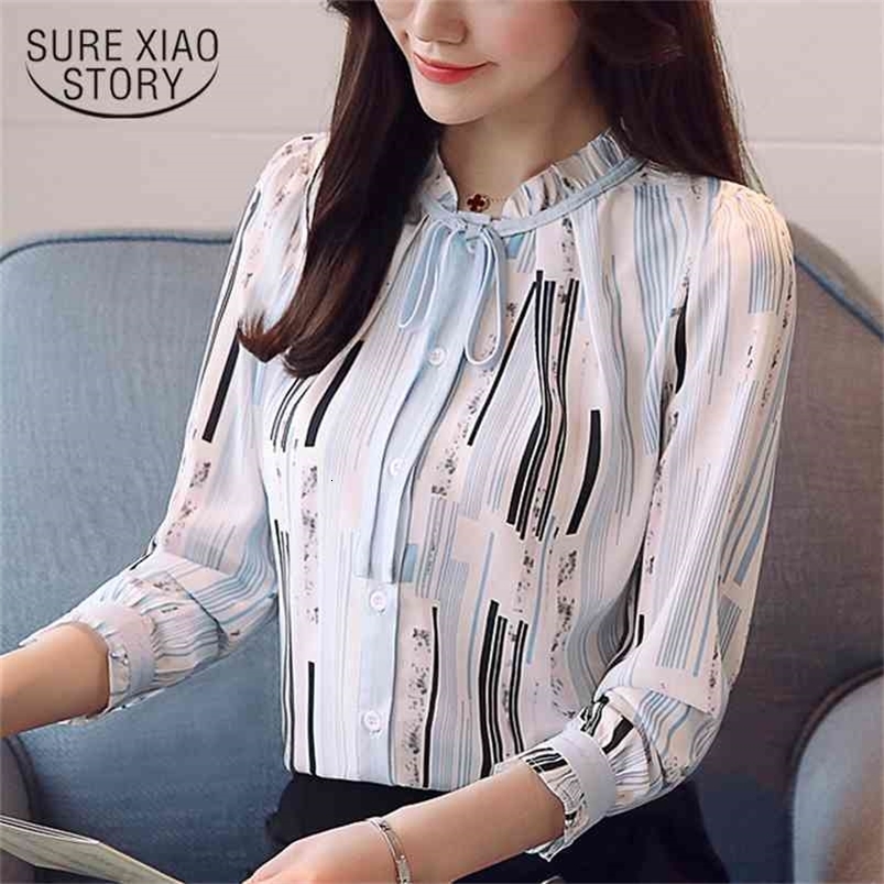 spring fashion chiffon shirts long sleeved blouses bow print clothing office lady sweet women tops D457 30 210506