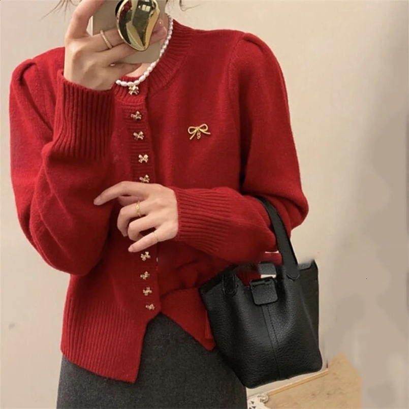 Butterfly Button Red Knitted Cardigan Womens Spring Autumn Korean Style Fit Slimming Sweater Coat Years Christmas Top 240730