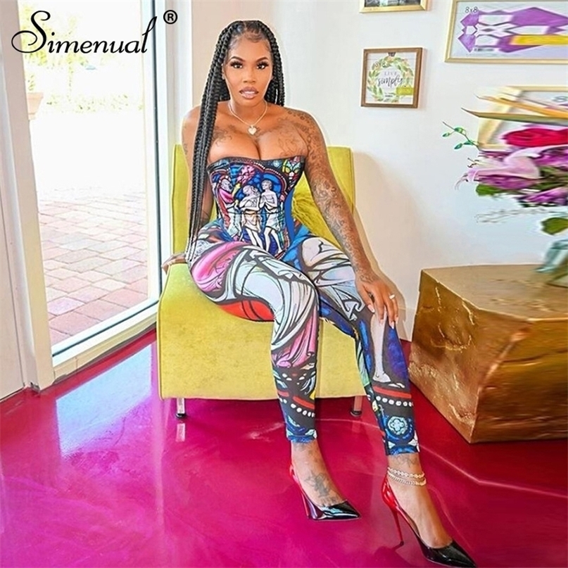Simenual Wrap Chest Aesthetics Vintage Women Jumpsuits Fall Print Fashion Skinny Bodycon Sexy Club Party Jumpsuit Strapless Hot 201007