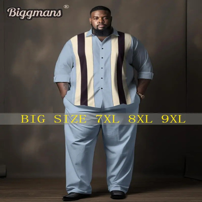 Biggmans Plus Mens Size Casual Gentleman Blue Color Collar Shirt Two Piece Set 7XL 8XL 9XL 240903