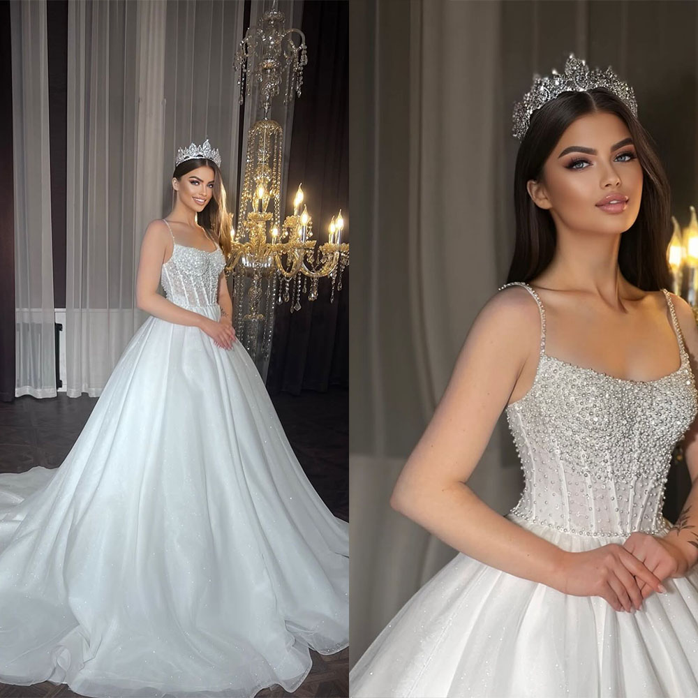 Classic Wedding Dress For Women Spaghetti Straps Sleeveless Bridal Gown Pearls Sequins Sweep Train Dresses Custom Made vestidos de novia