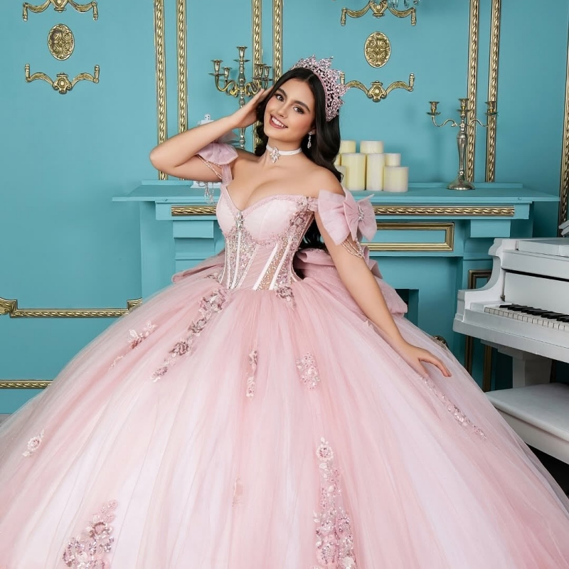 Light Pink Shiny Quinceanera Dresses Off The Shoulder Sequin Applique Lace Beading Crystal Tull Party Birthday Sweet 16 Dress Vestidos 15 De Anos