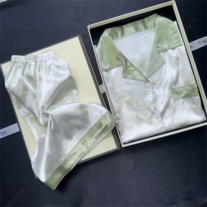 Womens 2 Piece Pajama Set Summer Green Sandpainting Print Faux Silk Two-Piece Set Home Clothes Soft Casual Pajamas Shorts 240730
