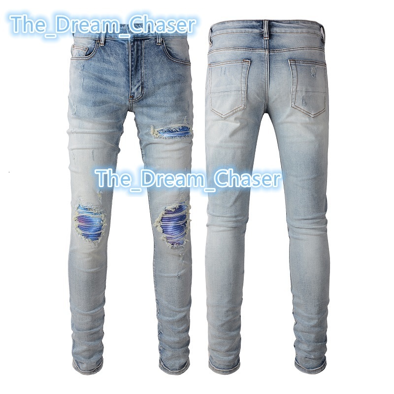 Mens Slim Fit Bootcut Jeans Wholesale Blue Patchwork Distressed Print Streetwear Casual Pants Damaged Patchwork Stretch Comfort
